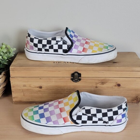 Vans 6.5 Asher Slip On Rainbow Authentic Low Top Check Canvas Sneakers - Picture 3 of 11